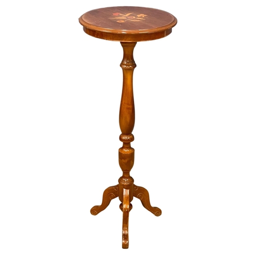 28 - A tall inlaid jardiniere stand with pedestal base. 102cm