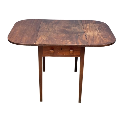 381 - A George III mahogany drop leaf table with drawer. Open 117x100x72cm. Closed 57cm