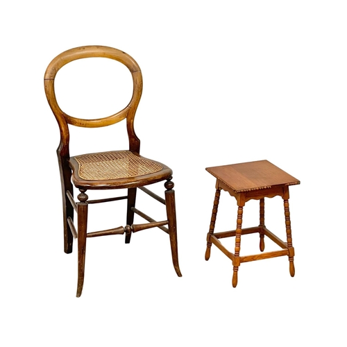 389 - A Victorian balloon back side chair with bergere seat and a small vintage oak Barley Twist table.