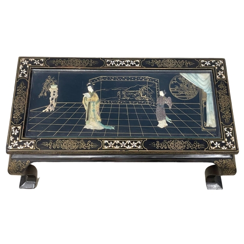 43 - A Japanese style glass top coffee table with Mother of Pearl and hand painted inlay. 72.5x38x32cm