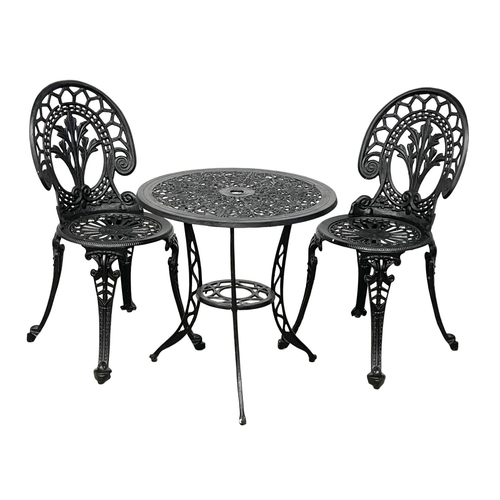 1625 - A cast alloy garden table and 2 chairs.