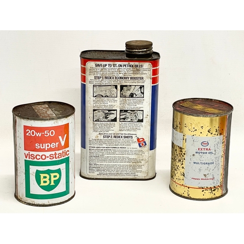 135 - 3 vintage unopened oil cans. An Esso Extra Motor Oil. A BP Super V Visco Static. A Redex New Formula... 