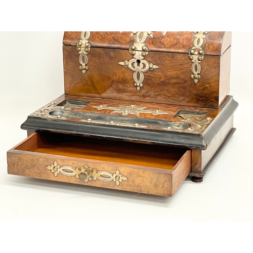 6 - A Victorian Burr Walnut desktop stationary box with brass mounts. 31x24x22.5cm