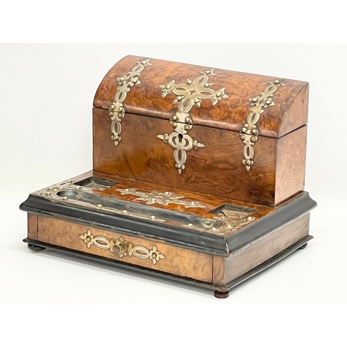 6 - A Victorian Burr Walnut desktop stationary box with brass mounts. 31x24x22.5cm