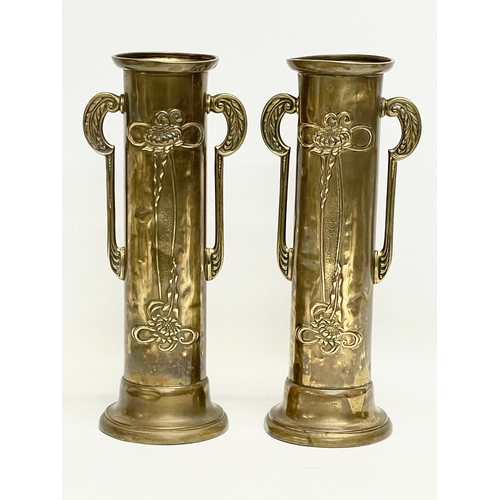 3 - A pair of early 20th century Art Nouveau bras vases by Beldray. 25.5cm.