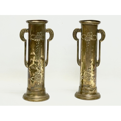 3 - A pair of early 20th century Art Nouveau bras vases by Beldray. 25.5cm.