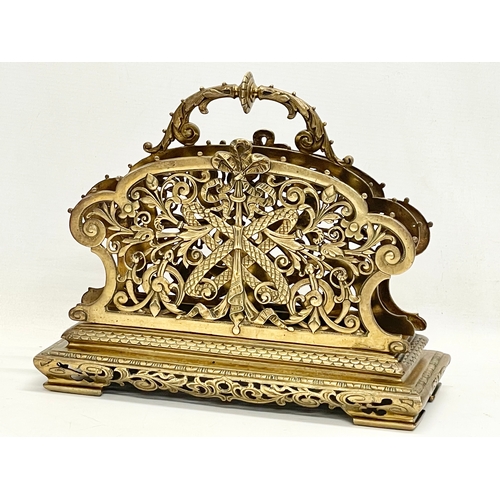 7 - A large Victorian ornate brass desktop stationary letter holder. 31x13x27cm.