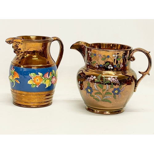 846 - 2 early to mid 19th century hand painted lustre pottery jugs. Largest 19x15cm