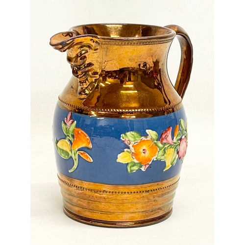 846 - 2 early to mid 19th century hand painted lustre pottery jugs. Largest 19x15cm