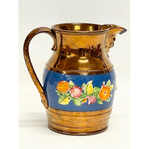 846 - 2 early to mid 19th century hand painted lustre pottery jugs. Largest 19x15cm