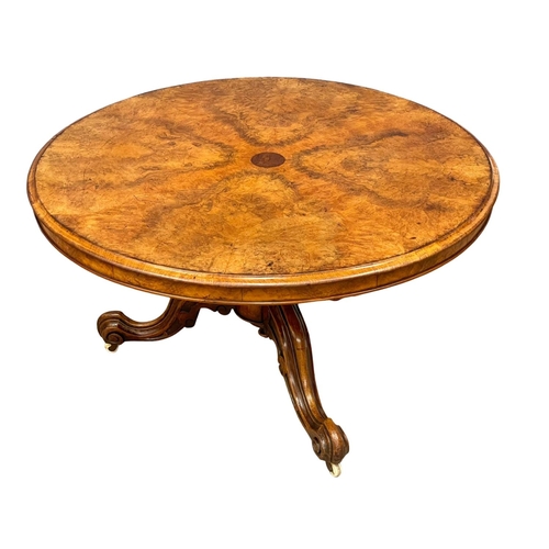 1613 - A Victorian Burr Walnut and Walnut tilt top pedestal breakfast dining table. Circa 1860. 128x74.5cm