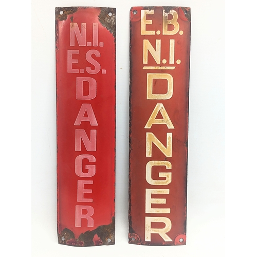 326 - A near pair of vintage enamel signs. E. B. N. I. Danger. 7.5x30.5cm