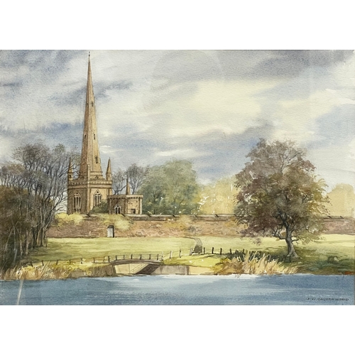 176 - A watercolour painting by J. W. Calderwood. Hillsborough Parish from the lake. Painting measures 35x... 