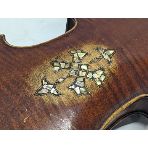 186 - A late 19th century German violin with inlaid Mother of Pearl in case.