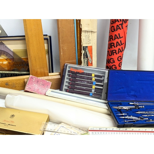 106 - A quantity of vintage architectural equipment, including tracing paper, rulers, etc.