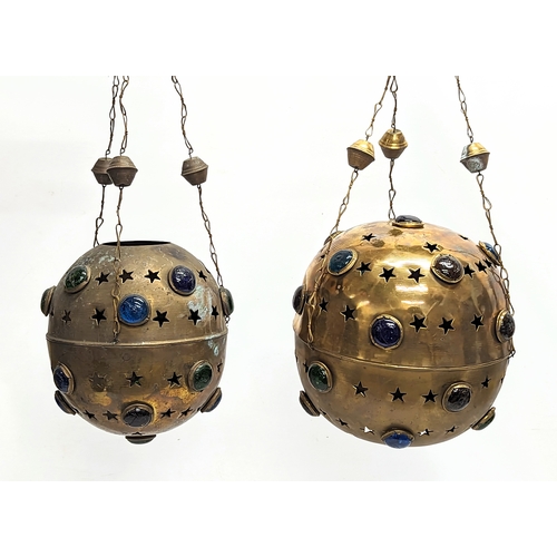 34 - 2 ornate early 20th century brass ceiling lanterns. Largest measures 24x29cm