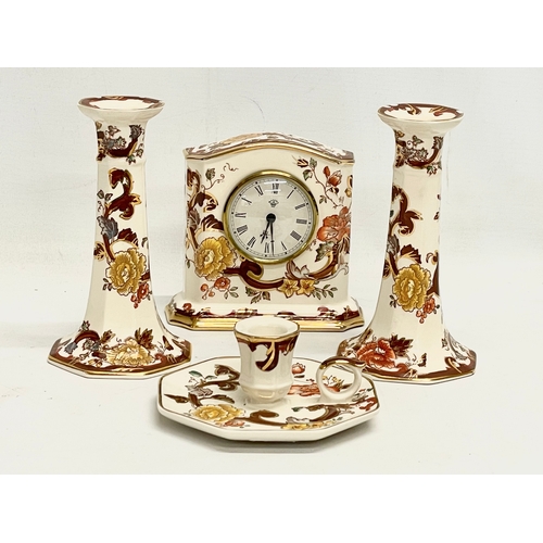 69 - 4 pieces of Mason’s Brown Velvet pottery. A pair of candlesticks 16.5cm, a mantle clock 14x13cm, a f... 