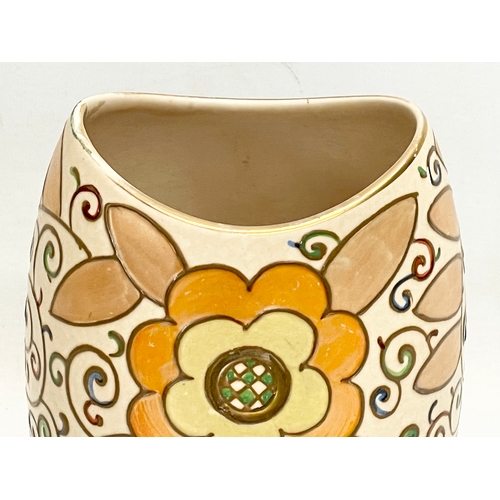 81 - A 1930’s Charlotte Rhead Trellis pattern pottery vase. Designed for Bursley Ware. 12x22cm.