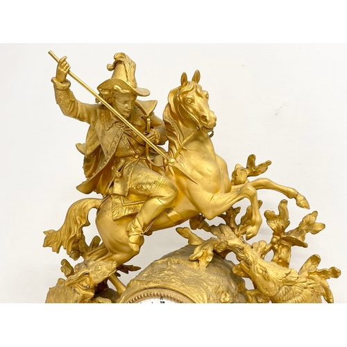 24 - A large Phillipe. H. Mourey (1840-1910) late 19th century gilt spelter mantle clock. With pendulum. ... 