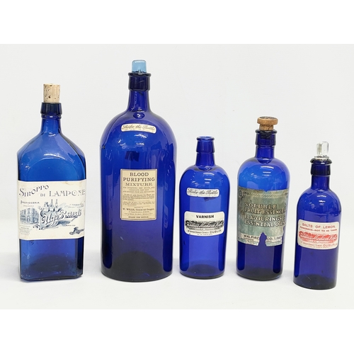 84 - 5 late 19th/early 20th century Bristol Blue chemist bottles. Largest 32cm