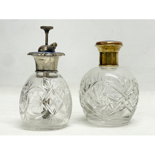 401 - 4 vintage crystal perfume bottle. 2 with enamel tops. 12cm