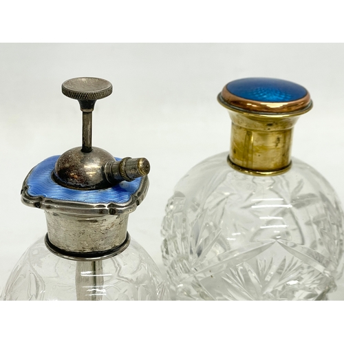 401 - 4 vintage crystal perfume bottle. 2 with enamel tops. 12cm