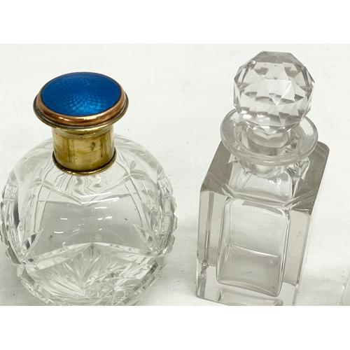 401 - 4 vintage crystal perfume bottle. 2 with enamel tops. 12cm