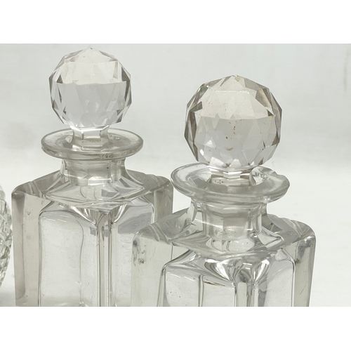 401 - 4 vintage crystal perfume bottle. 2 with enamel tops. 12cm