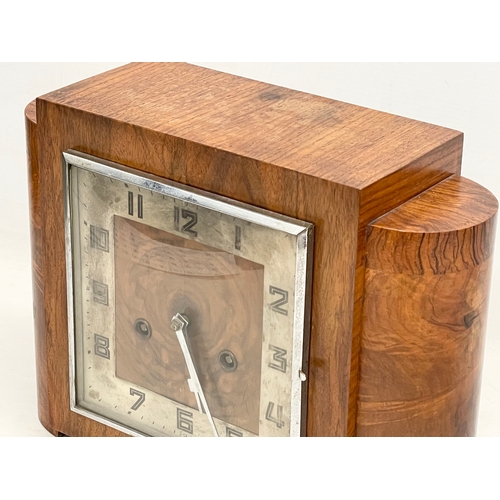 327 - A good quality vintage Art Deco Burr Walnut mantle clock. With key and pendulum. 32x12x23.5cm