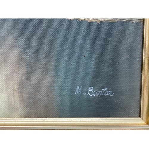 394 - An oil painting signed M. Burton. Painting measures 75x50cm. Frame 89x64cm