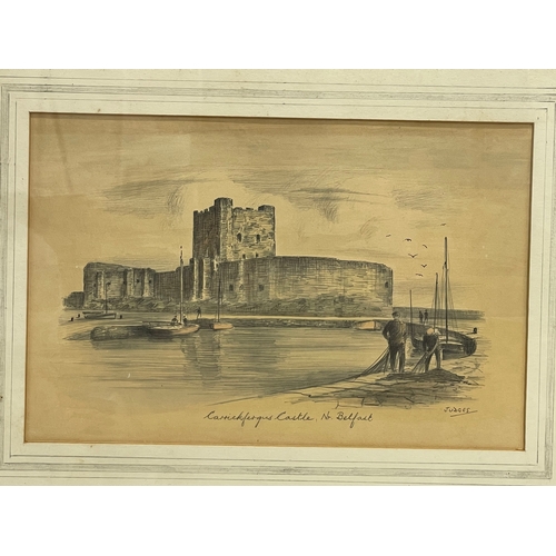 159 - 2 coloured pencil drawings by Judges. Northern Irish scenes. Carrickfergus Castle and Mourne Mountai... 