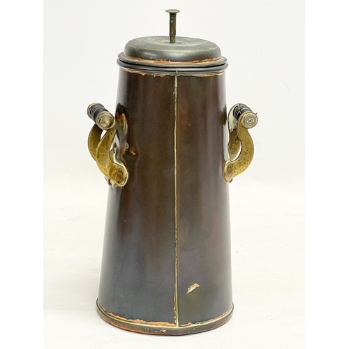 102 - A late 19th/early 20th century copper coffee pot/dispenser and 3 matching copper cups. 14x16x25cm