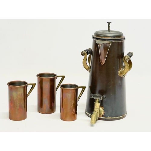 102 - A late 19th/early 20th century copper coffee pot/dispenser and 3 matching copper cups. 14x16x25cm