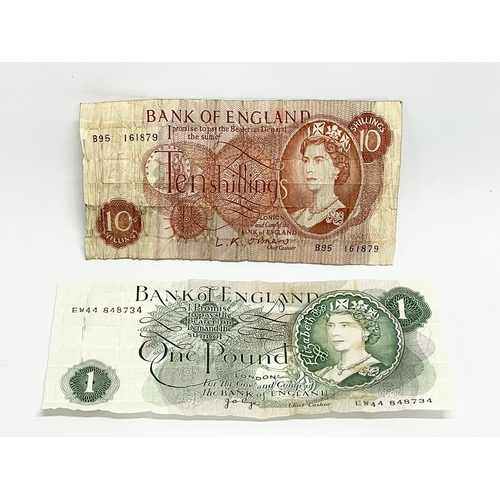 564 - A vintage £1 note and a 10 Shilling note. Bank of England.