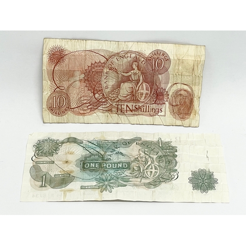 564 - A vintage £1 note and a 10 Shilling note. Bank of England.