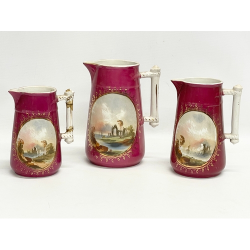 183 - 3 Victorian hand painted jugs. Largest 15x20cm