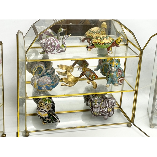 345 - 3 vintage glass display cases with contents. Largest 31x10x33.5cm