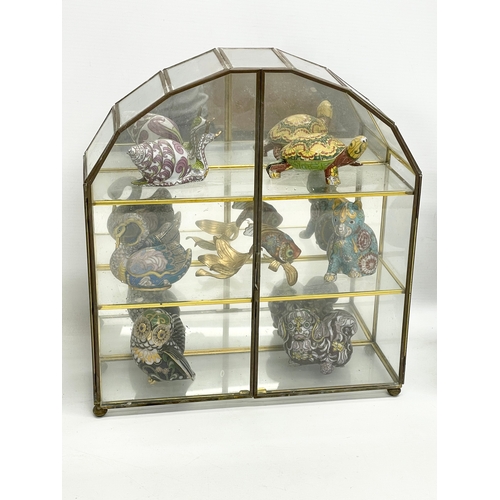 345 - 3 vintage glass display cases with contents. Largest 31x10x33.5cm