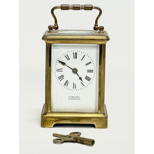 127 - A late 19th century brass carriage clock by Richard & Co, Paris. H. Greaves, Birmingham. With key.