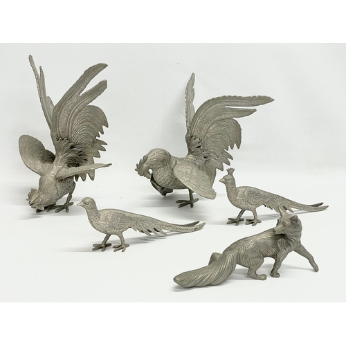 348 - 5 silver plated animals. Roosters measure 23x20cm. 26cm