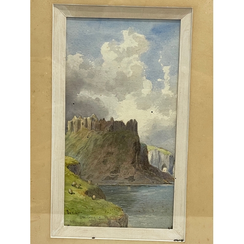 188 - A watercolour by J.W. Carey. Dunluce Castle. 1931. Painting measures 14x27cm. Frame 32x50cm