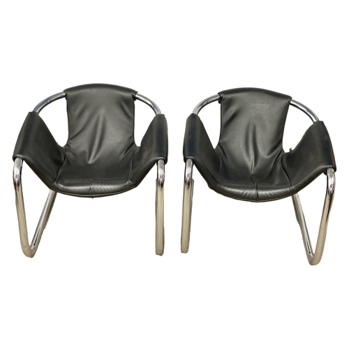 814 - A pair of Arkana ‘Orbita’ leather and chrome sling chairs designed by Duncan Burke. 1972.