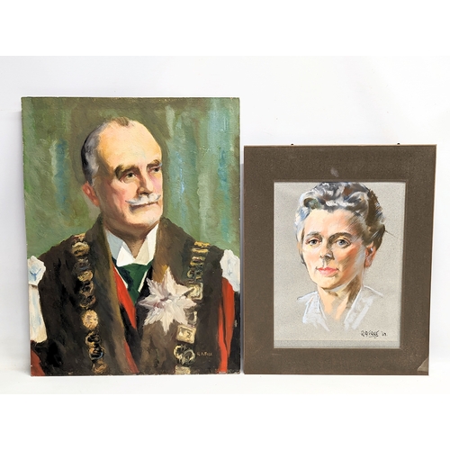 692 - An oil painting portrait and pastel portrait by R. A. Free. Largest measures 46.5x61cm