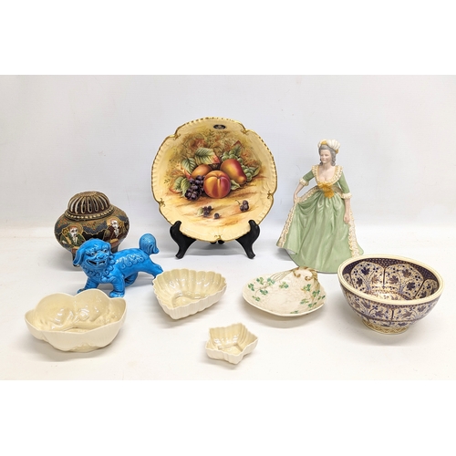 693 - A quantity of pottery. Including 3 Green Stamped Belleek Pottery, Aynsley 'Orchard Gold' dish, Satsu... 