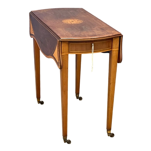 861 - An excellent quality early 20th century Sheraton Revival inlaid mahogany drop leaf table with drawer... 