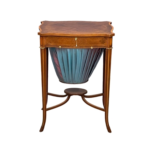 862 - An excellent quality early 20th century Sheraton Revival inlaid mahogany sewing side table with bras... 