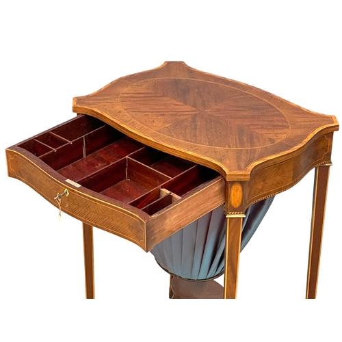 862 - An excellent quality early 20th century Sheraton Revival inlaid mahogany sewing side table with bras... 