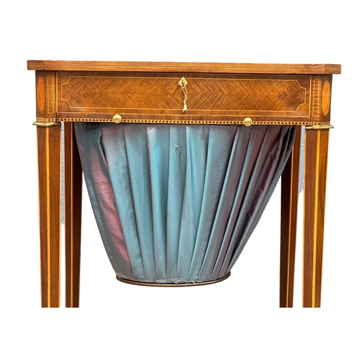 862 - An excellent quality early 20th century Sheraton Revival inlaid mahogany sewing side table with bras... 