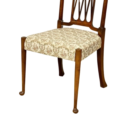 931 - A pair of Edwardian inlaid mahogany high back side chairs.