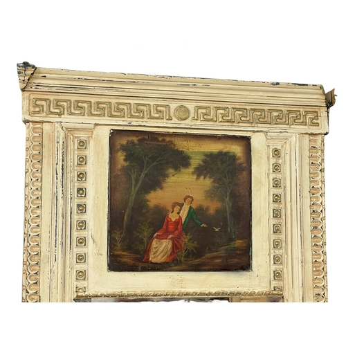 955 - A large 18th century style mirror with painted panel and frame. 89x220cm